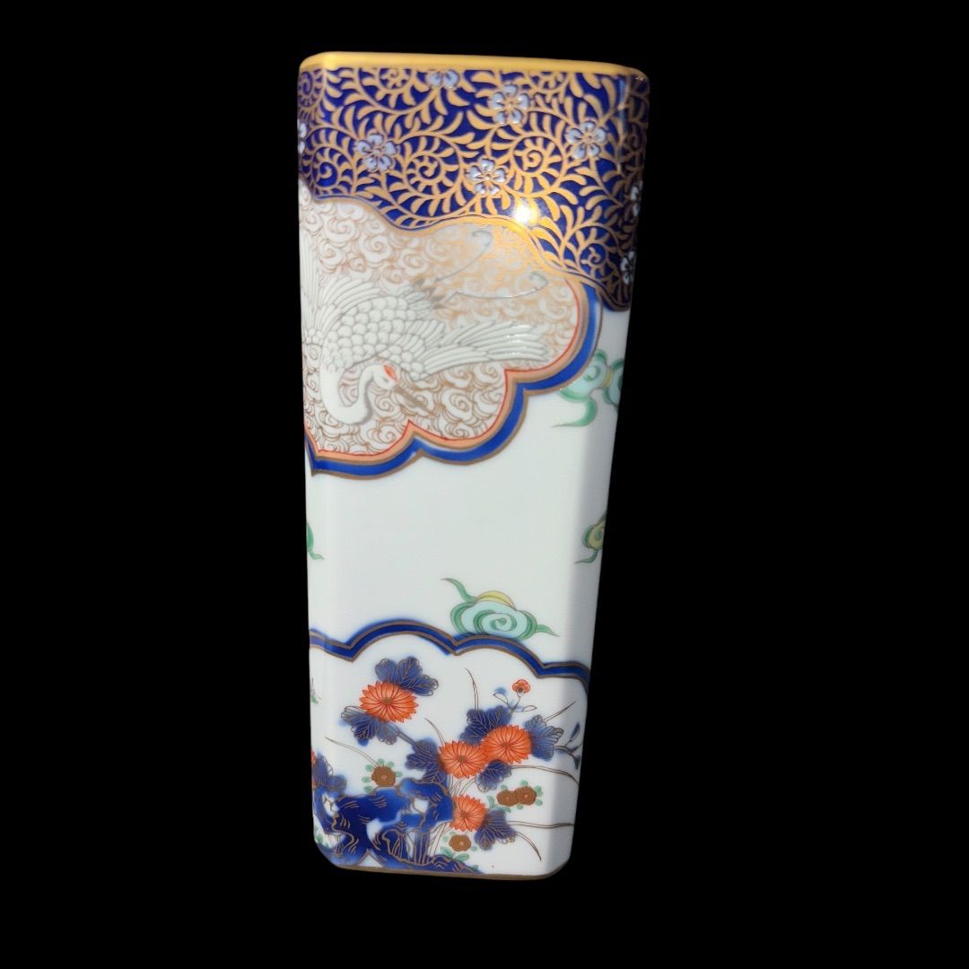 深川製磁 染錦金彩鳳凰 鶴紋 角花生 花瓶