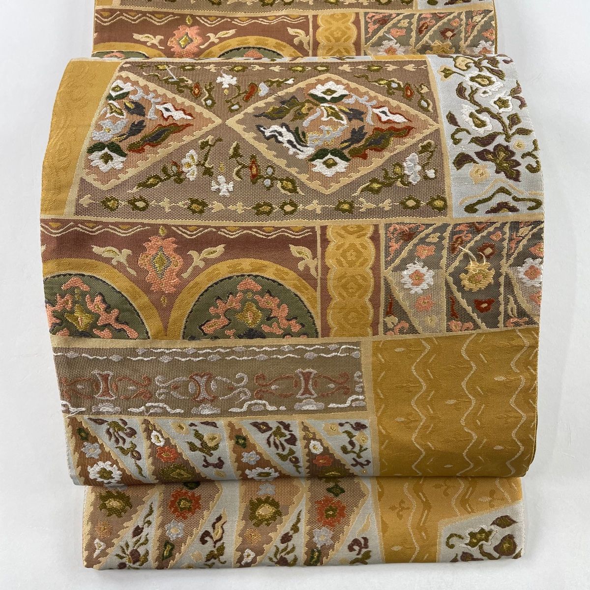 袋帯 川島織物 花菱 金色 正絹 袋帯 美品 逸品 落款 川島織物 菱 花菱 金糸 箔 灰茶 六通 正絹