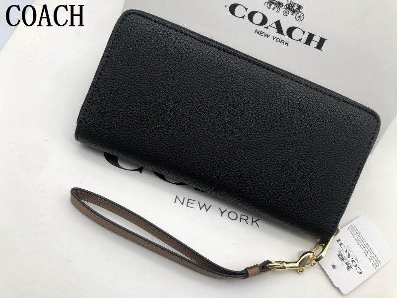 COACH 長財布 コーチ 財布 ロング ジップ ストラップ付き ブラック