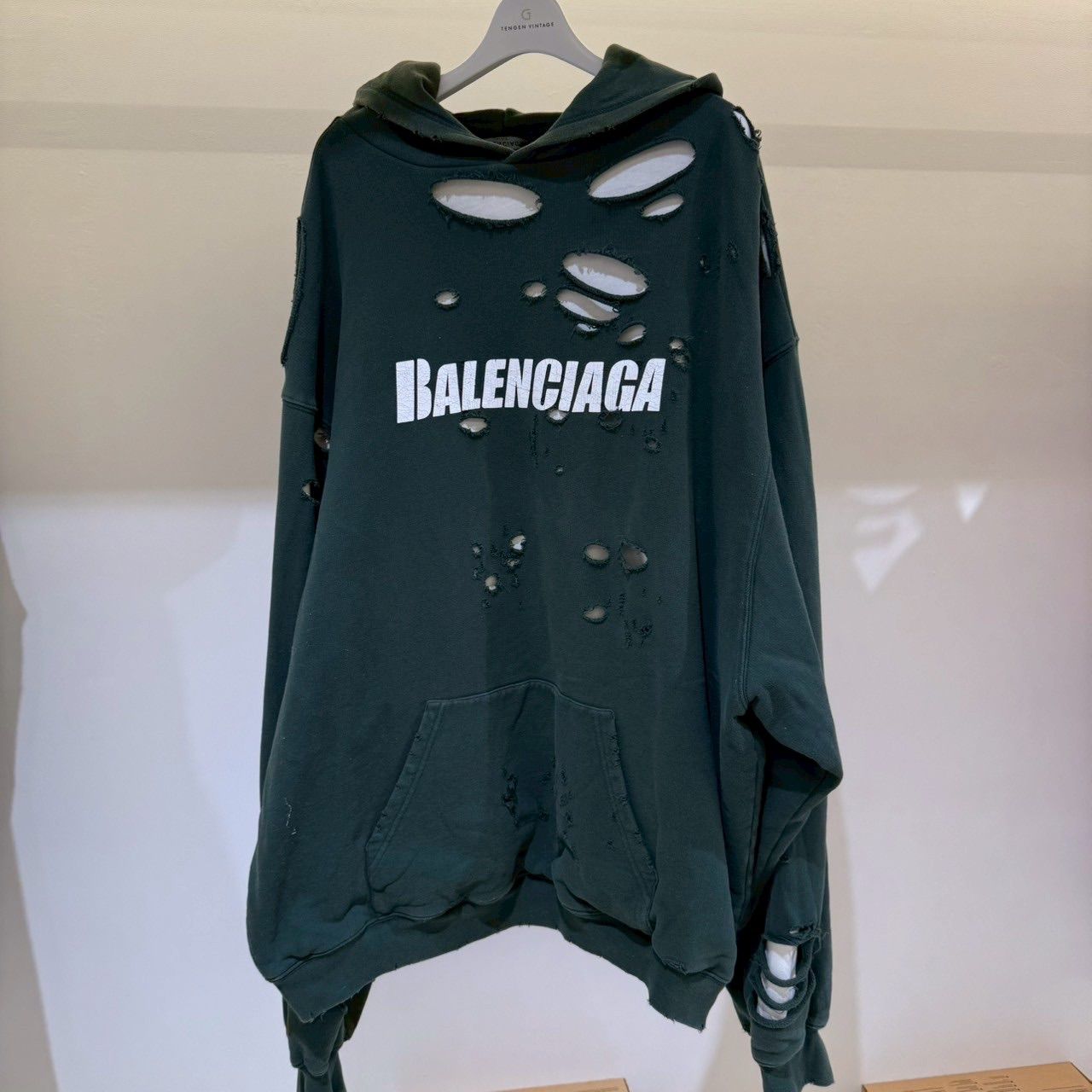 BALENCIAGA バレンシアガ ロゴフーディー ダメージ加工 グリーン S