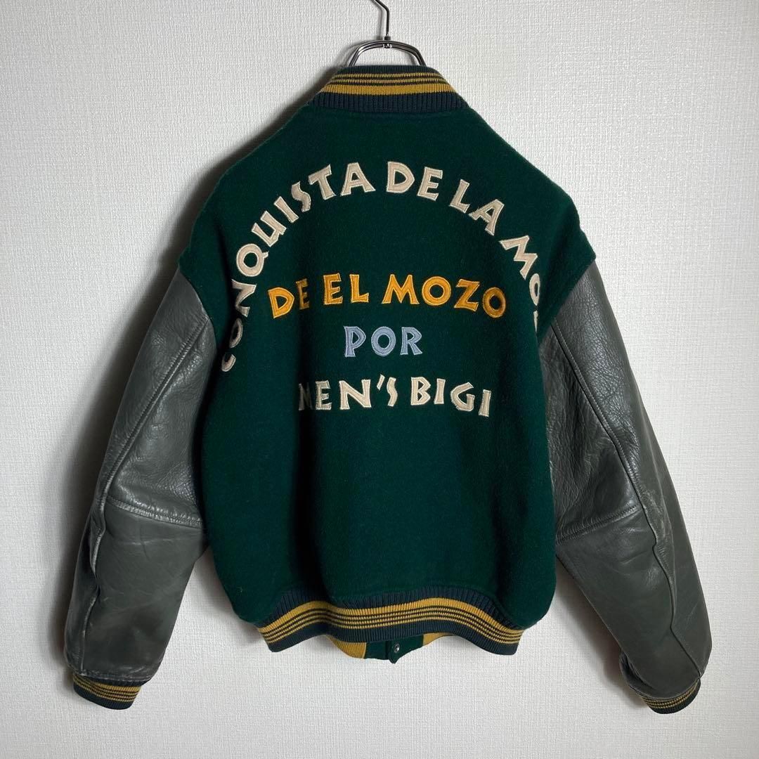 80s メンズビギ スタジャン アーチロゴ 刺繍 袖レザー M ブラウン 稀少カラー MEN'S BIGI メンズビギ 80s 袖革 アーチロゴ