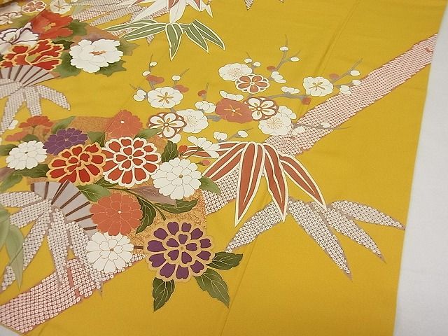 平和屋1□極上 振袖 駒刺繍 松竹梅扇面草花文 金彩 パールトーン加工