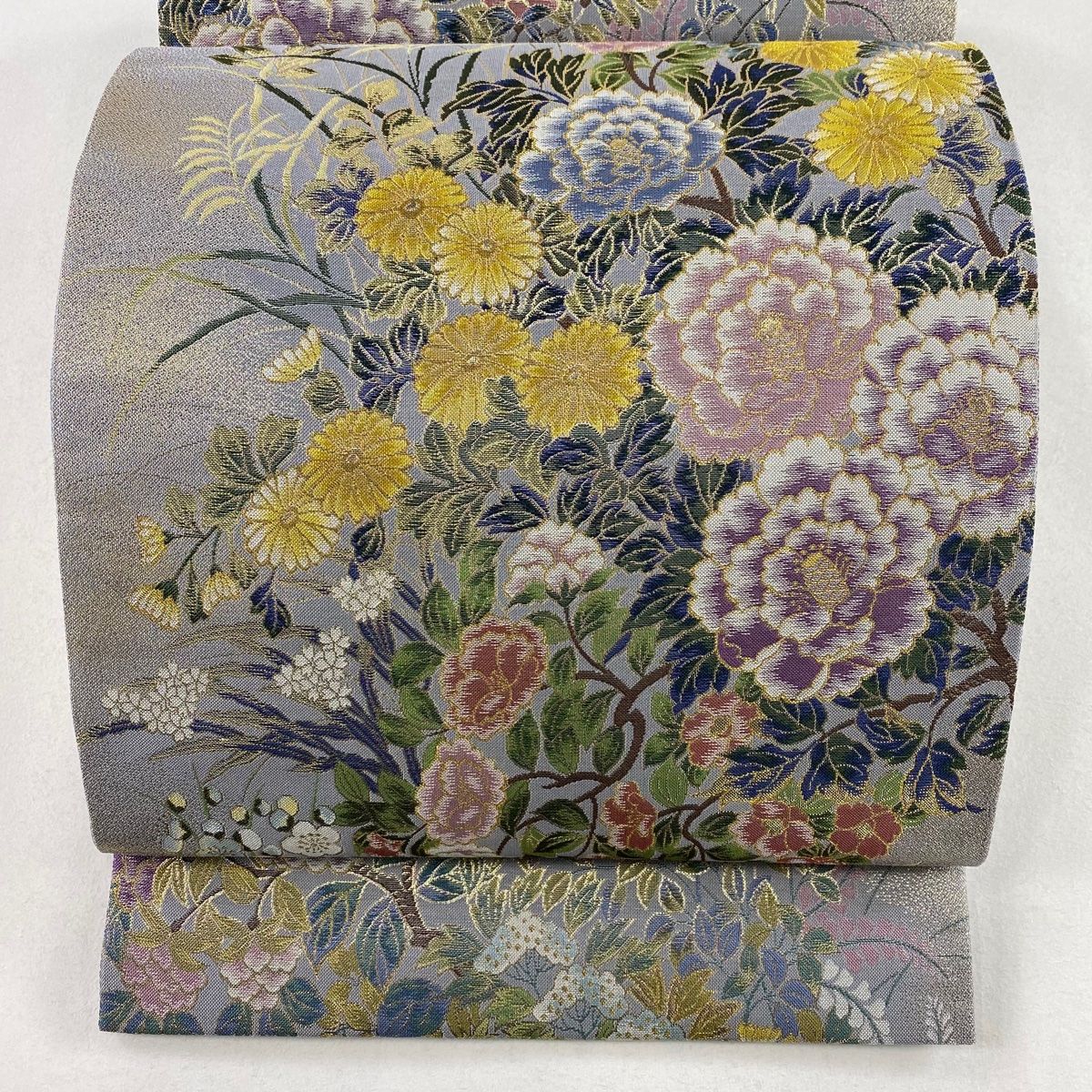 袋帯 美品 名品 加賀百花禽文 金糸 箔 灰色 六通 正絹 【中古