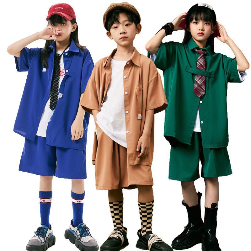 キッズ ダンス 衣装 ヒップホップ セットアップ 半袖 女の子 シャツ 男の子 ブラウス ハーフパンツ おしゃれ HIPHOP ダンスウェア グン ブルー ダボダボ  nee3u510308