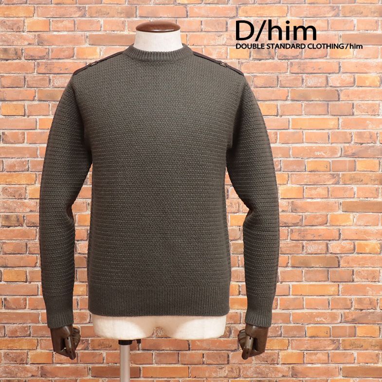 秋冬/D/him/46サイズ/丸首ニット ウール カシミヤ混カノコ編み 肩ストラップ セーター 肉厚 あたたか 新品/カーキ/jc241/