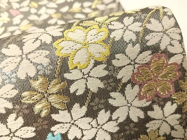 ブラウン 花柄 袋帯 絹製 平和屋着物▽六通柄袋帯 唐織 枝垂れ桜 金銀糸 引箔 正絹 逸品
