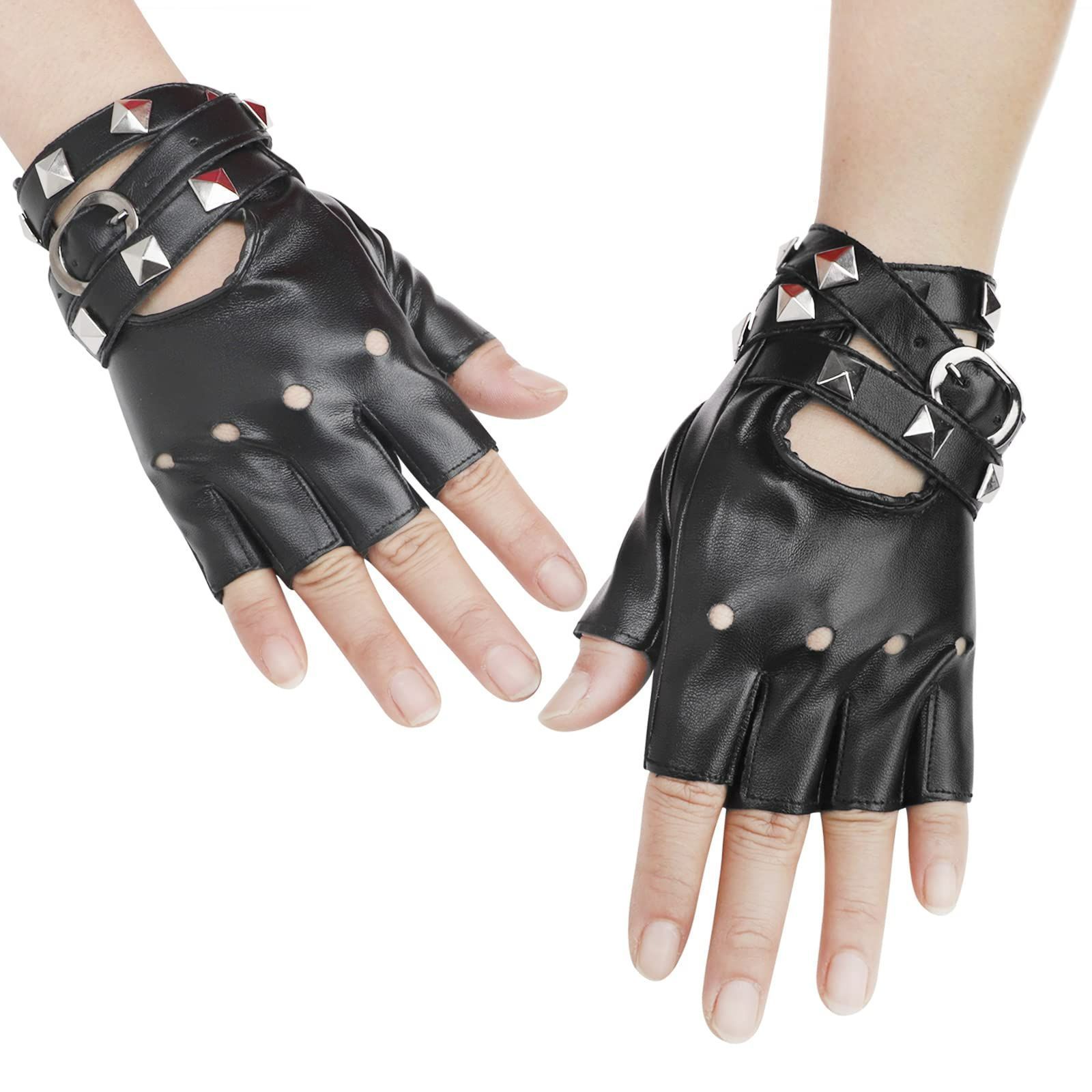 【人気商品】[LYING] パンク系 指なし手袋 革 レディース グローブ スタッズ付き おしゃれ フィンガーレスグローブ レザー 女性 指切り手袋 ダンス 舞台 演劇 パーティー 半指手袋 黒 白 かっこいい 個性的 1ペア