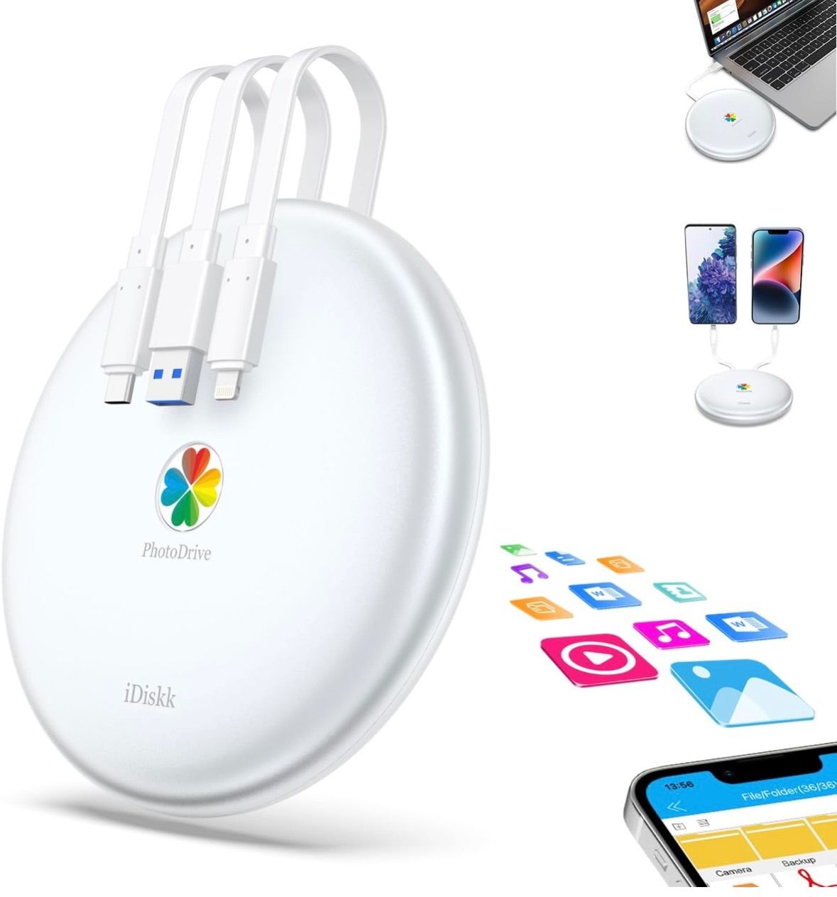 APPLE mfi認証 2048GB 第二世代 iDiskk iPhone 外付けHDD 2TB 外部メモリフラッシュドライブ ハードディスク Lightning USB C Type-C USB A 3本ケーブル内蔵
