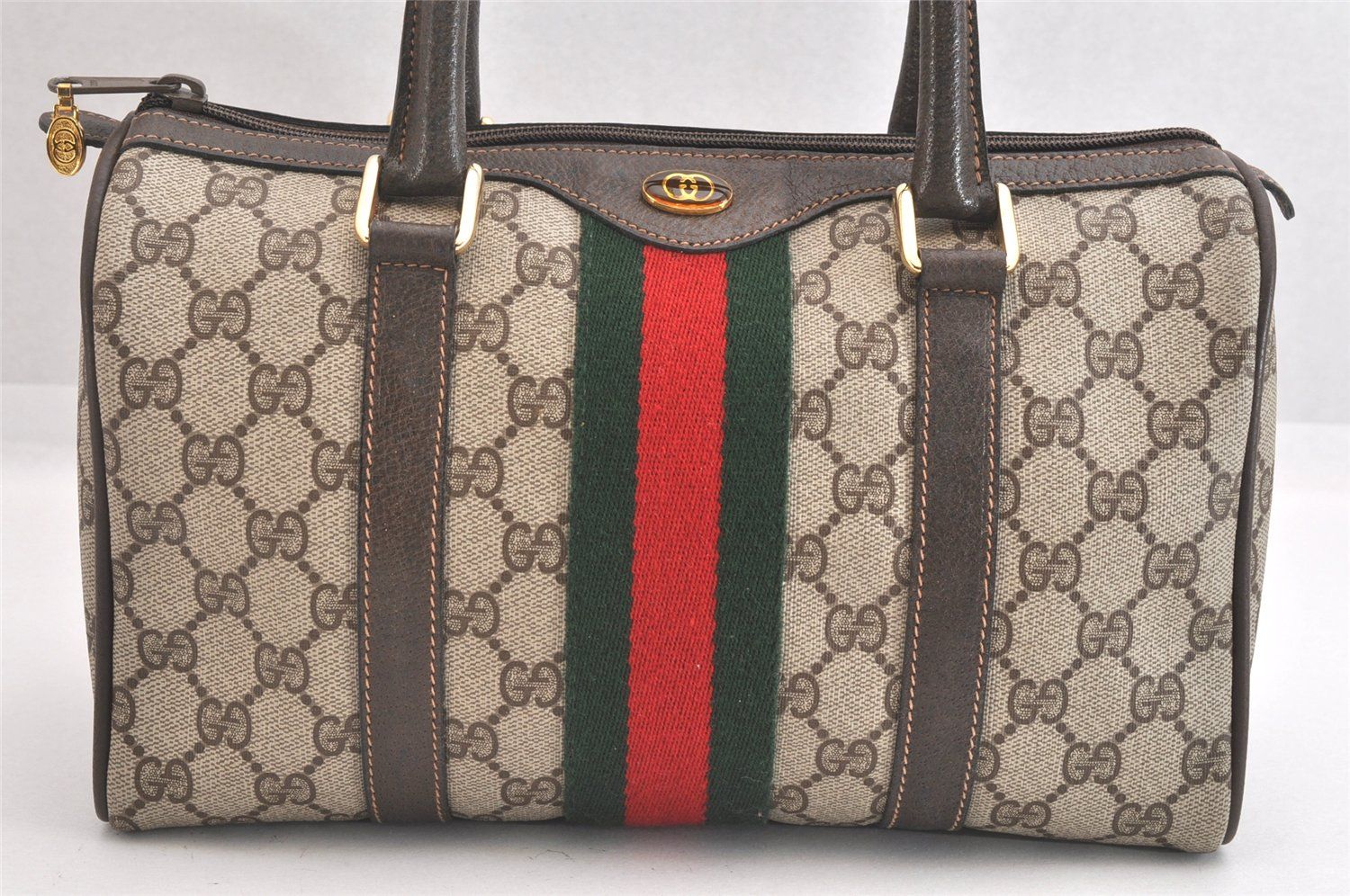 GUCCI グッチ ウェブ シェリーライン ハンドボストンバッグ GGピーブイシー レザー ブラウン 2501N
