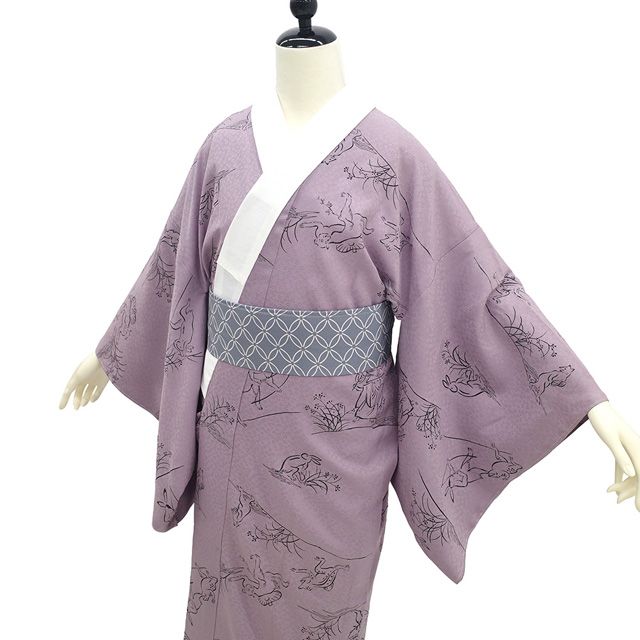 新古品】 長襦袢 未使用 襦袢 正絹 浅紫色 鳥獣戯画 うさぎ 兎
