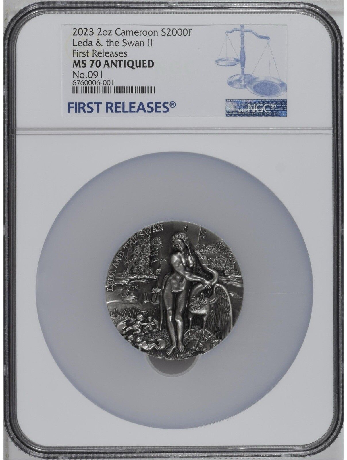 NGC MS70 FR Da Vinci LEDA AND THE SWAN 2 Oz Silver Coin 2000Francs Cameroon 2025