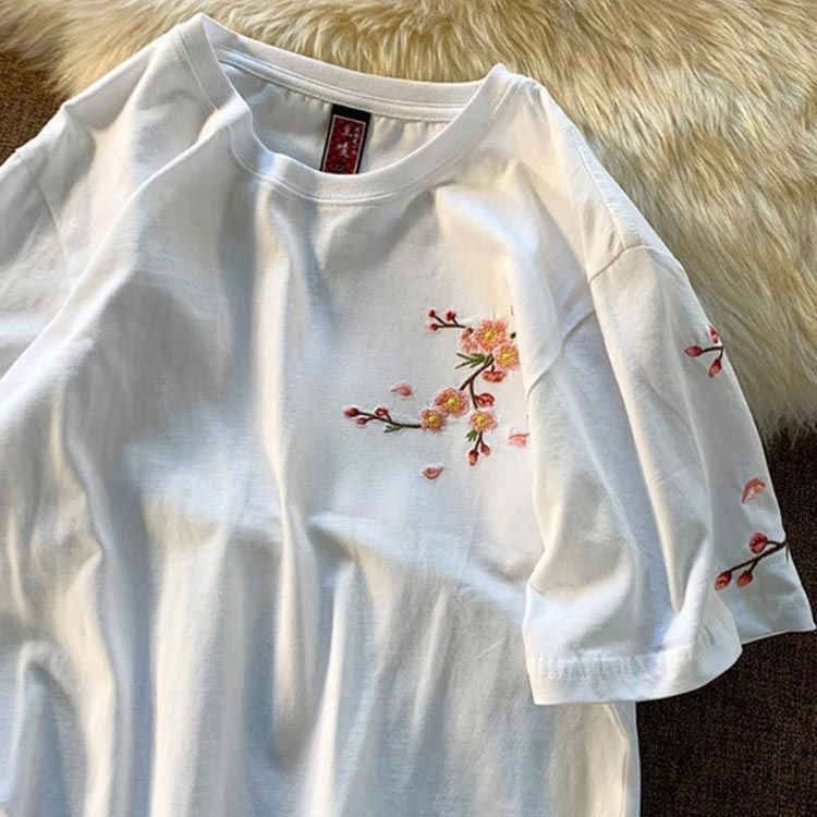 MEDM ロゴ 半袖 Ｔシャツ 花柄刺繍 おしゃれ クルーネック 夏服 MEDM 花柄 半袖 Tシャツ ロゴ おしゃれ オーバーサイズ 男女兼用