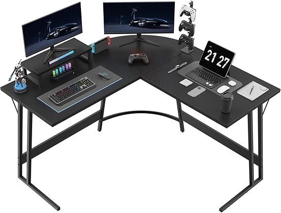 【在庫処分】Anovara ゲーミングデスク L字デスク pcデスク カーボン調 デスク モニター台付き 幅110cm*110cm パソコンデスク 組み立て簡単 安定性 コーナーデスク スペースを節約する 広い足元ス