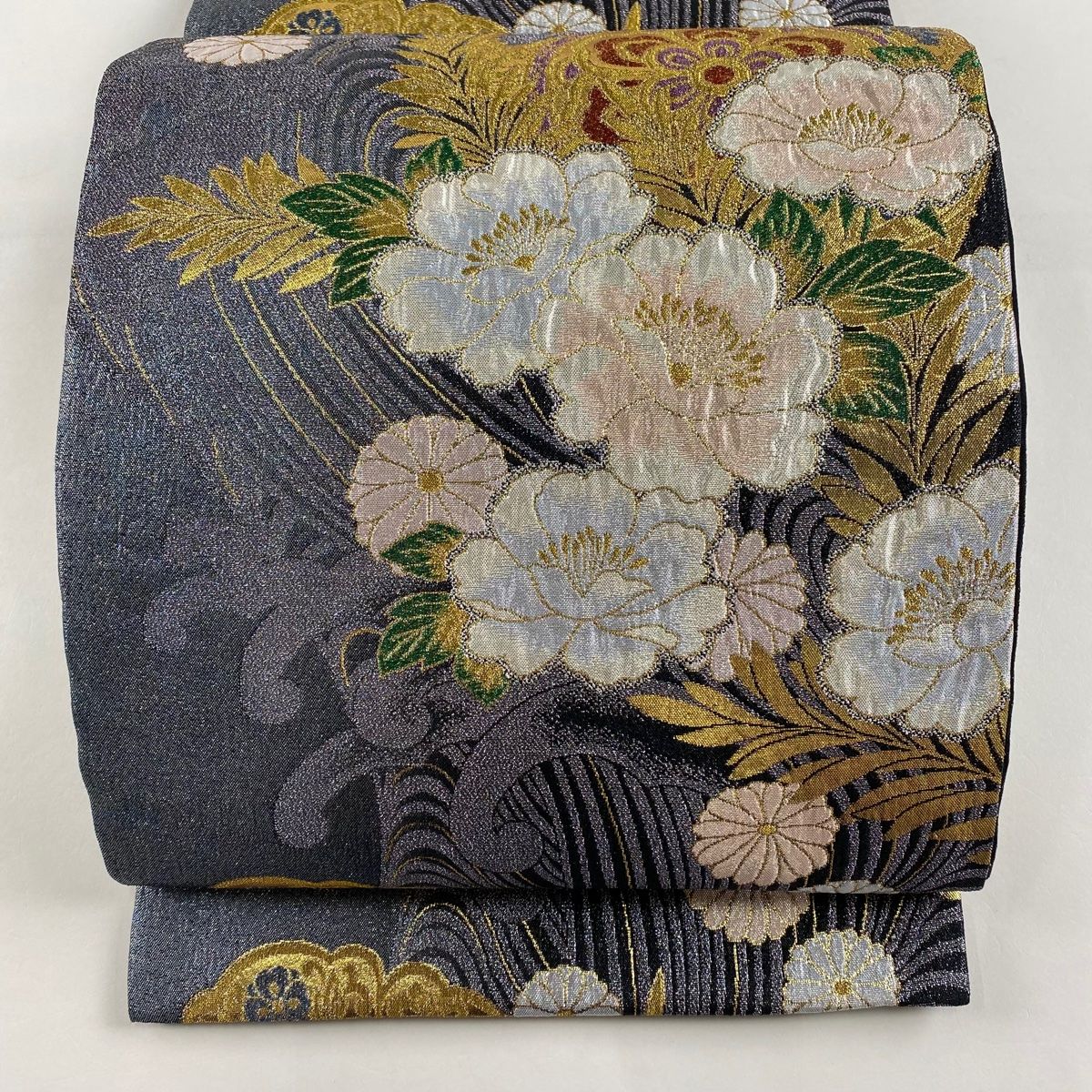 袋帯 秀品 牡丹 波頭 箔 金銀糸 紫 六通 正絹