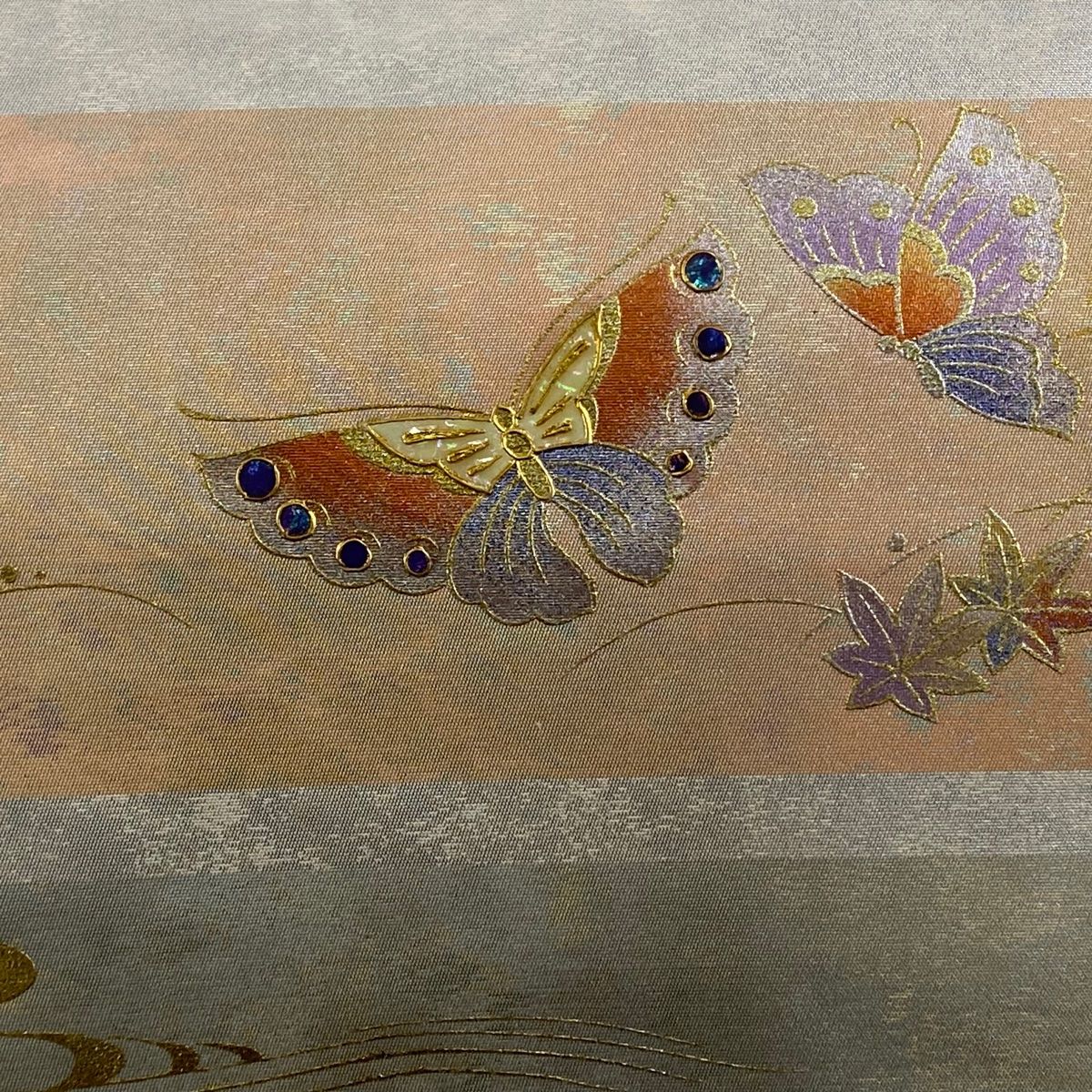 名古屋帯 秀品 蝶 流水 金銀彩 銀色 正絹