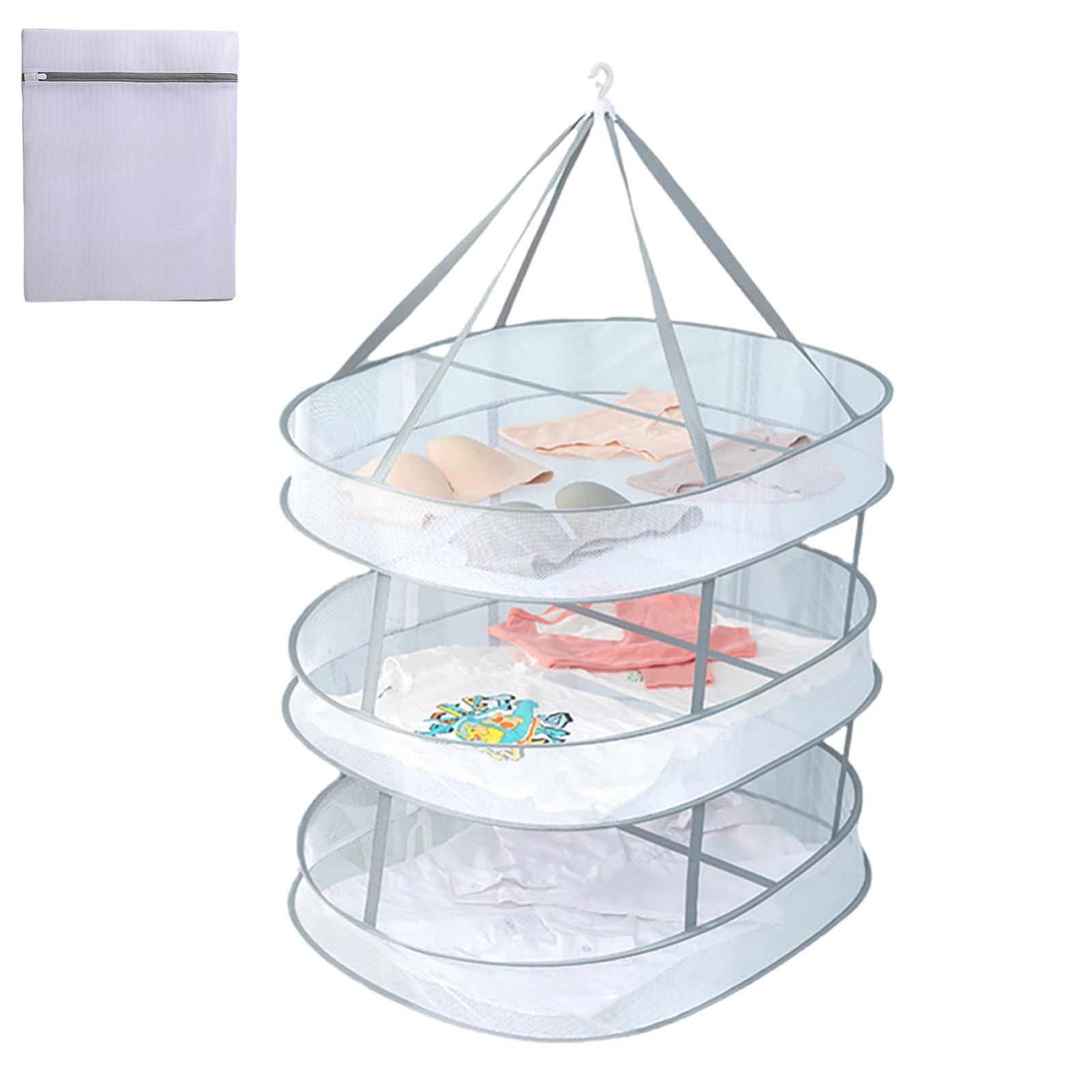 3段（矩形） YFRJJHY【2023年新版】物干しネット ランドリーネット 2段折りたたみ コンパクト干しネット 2段折りたたみ収納 物干しネット 衣類変形防止 ニットセーターぬいぐるみ 枕 干しネット 洗濯ネット付き(40×50CM)