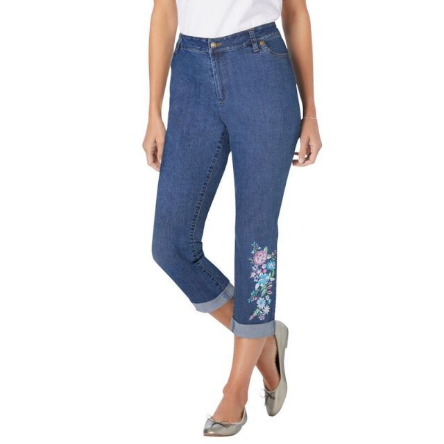 【送料無料】 ウーマン ウィズイン レディース デニムパンツ ボトムス Woman Within Plus Size Tall Girlfriend Stretch Denim Jean Stonewash Floral