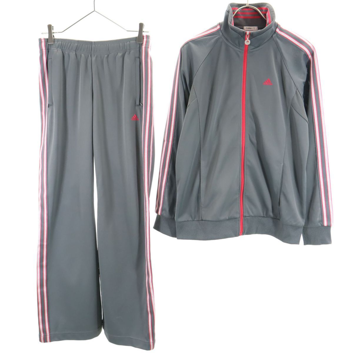アディダス トレーニングジャージ 上下 セットアップ M グレー×レッド adidas CLIMALITE スポーツ レディース 古着 【240308】