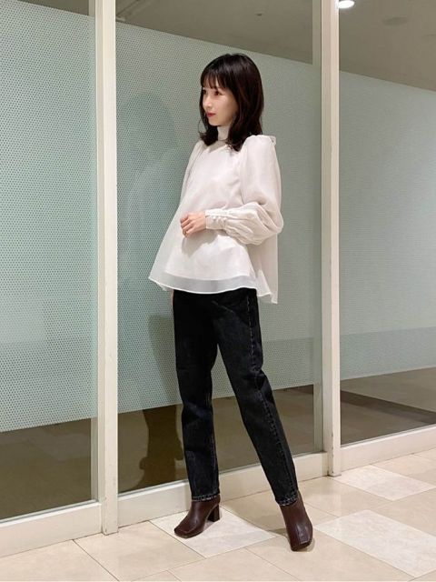 トップス シャツ ブラウス シフォンシャツ 袖あり 長袖 パフスリーブ