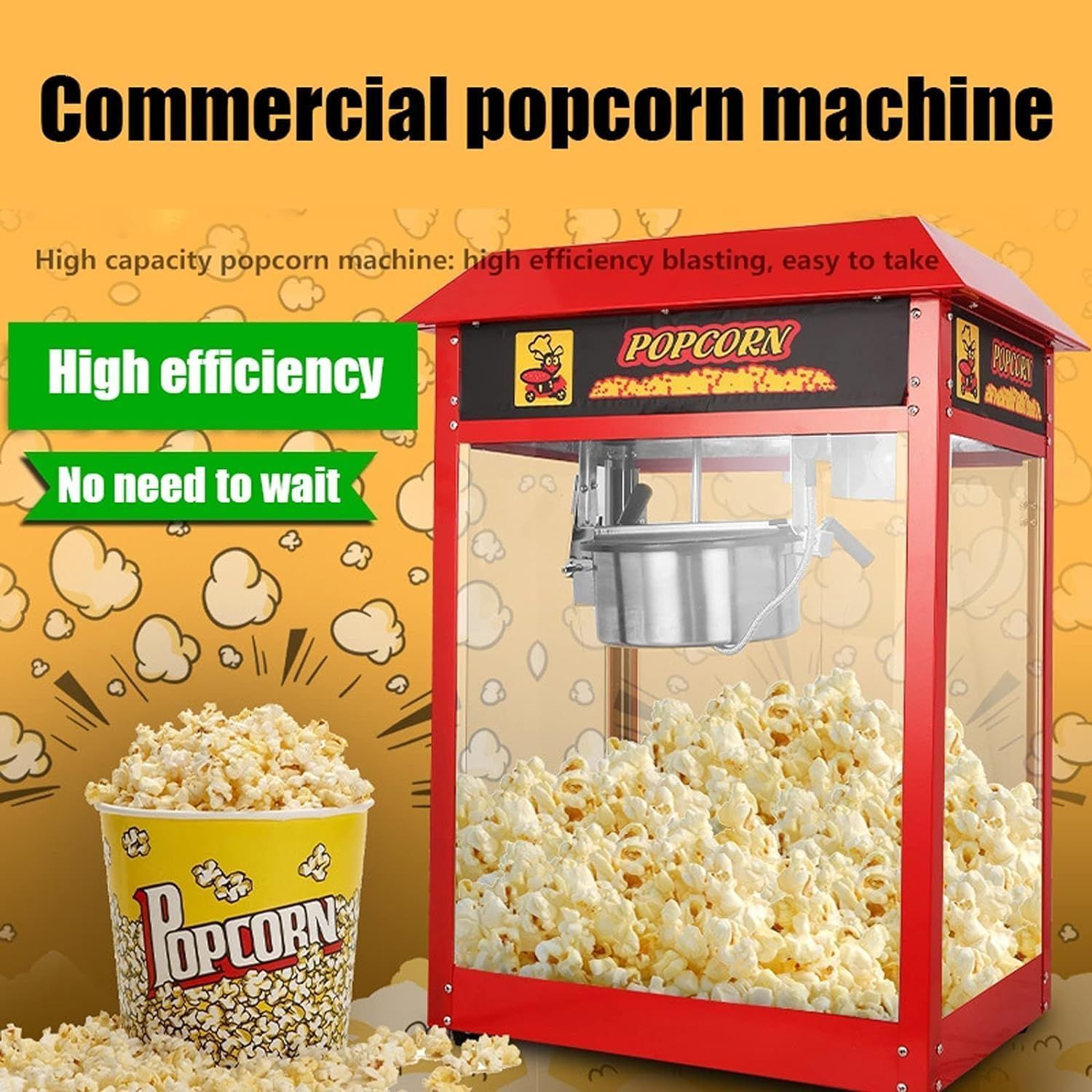 業務用ポップコーンメーカー 1600W熱風ポップコーンマシン 自動 ストールポップコーンマシン 大容量 無脂肪で健康的なスナック用 自宅 パーティー 映画館での使用に最適 レッドフラットトップモデル