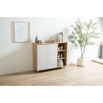 キャビネット 幅96cm ストーン柄 木目調 バイカラー 扉 収納 ラック