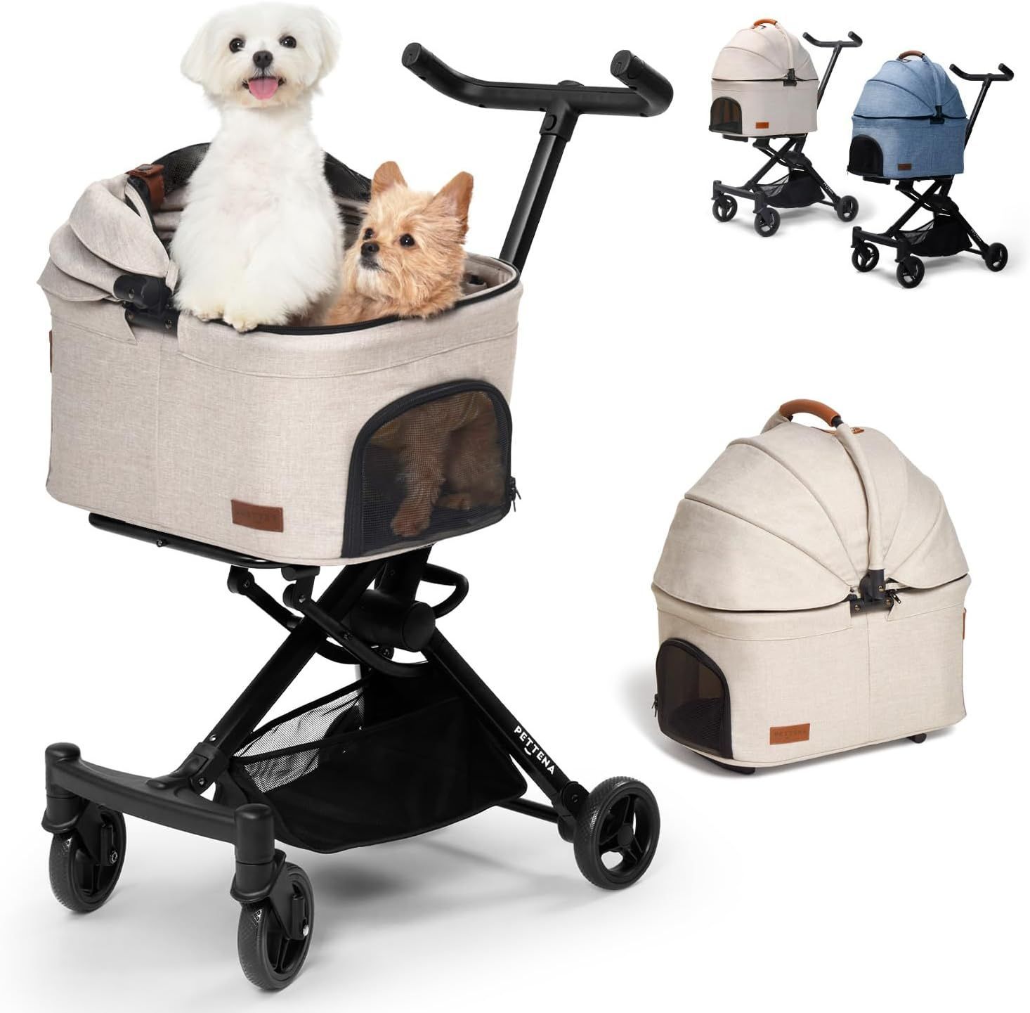 PETTENA 分離型 ペットカート 小型犬 軽量型 耐荷重20KG 超コンパクト 組立簡単 犬バギー 猫 自立 使用便利 小型犬多頭 犬用カート 高い安定性 アルミ合金フレーム 振動減少タイヤ お出かけ 散歩 通院 ショッピング