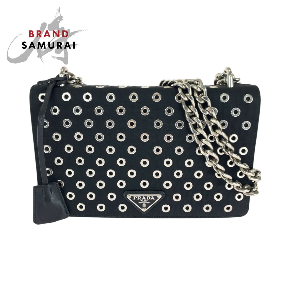美品 PRADA プラダ テスート 三角ロゴプレート グロメット ブラック 