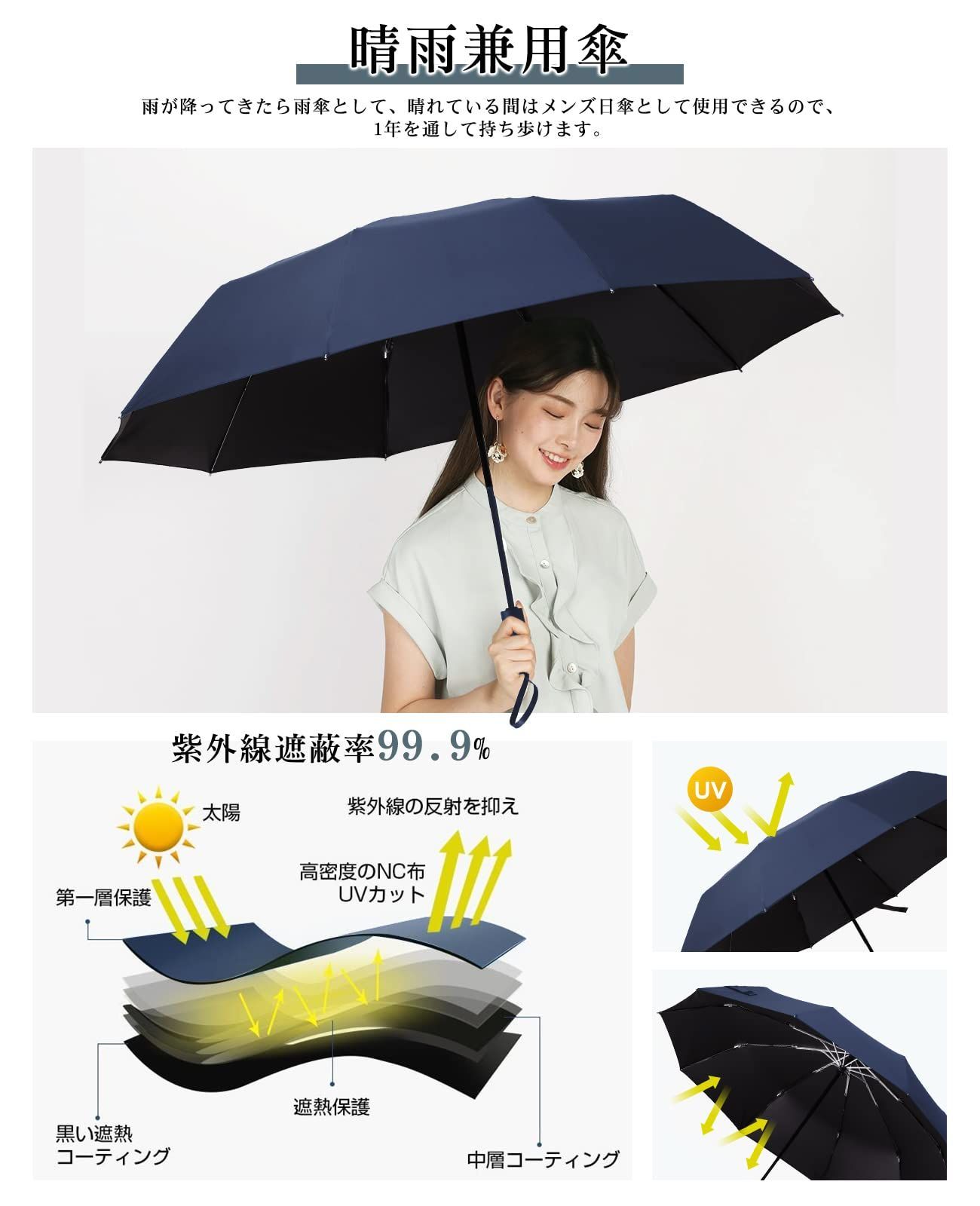 【色: ブラック】2023最新・台風豪雨対応Vialifer 折りたたみ傘 メン