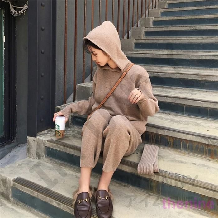 パンツセットアップ ニット レディース 春 秋 パンツスーツ 上下セット 2点セット トップス ニットセーター ガウチョパンツ パーカー 無地