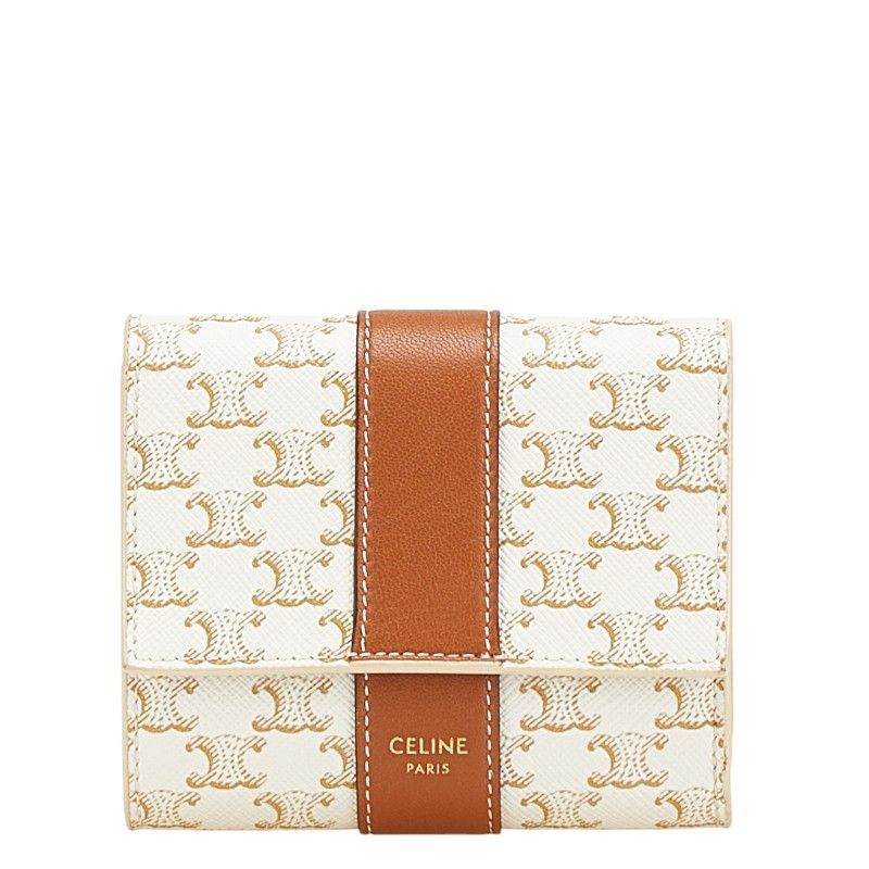 セリーヌ トリオンフ 三つ折り財布 コンパクトウォレット ホワイト ブラウン PVC レザー レディース CELINE 1-0211631