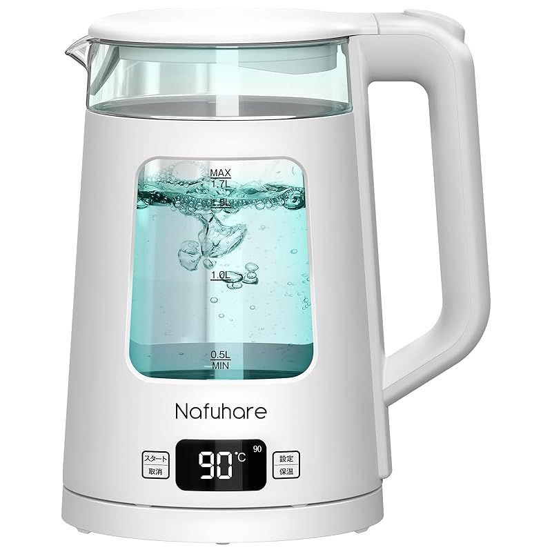 Nafuhare 電気ケトル 電気ポート ガラス 1.7L 1200W 5色LEDライト付 5段階温度調節 保温機能 空だき防止 自動電源オフ 大容量 光るケトル 湯沸かしケトル 0