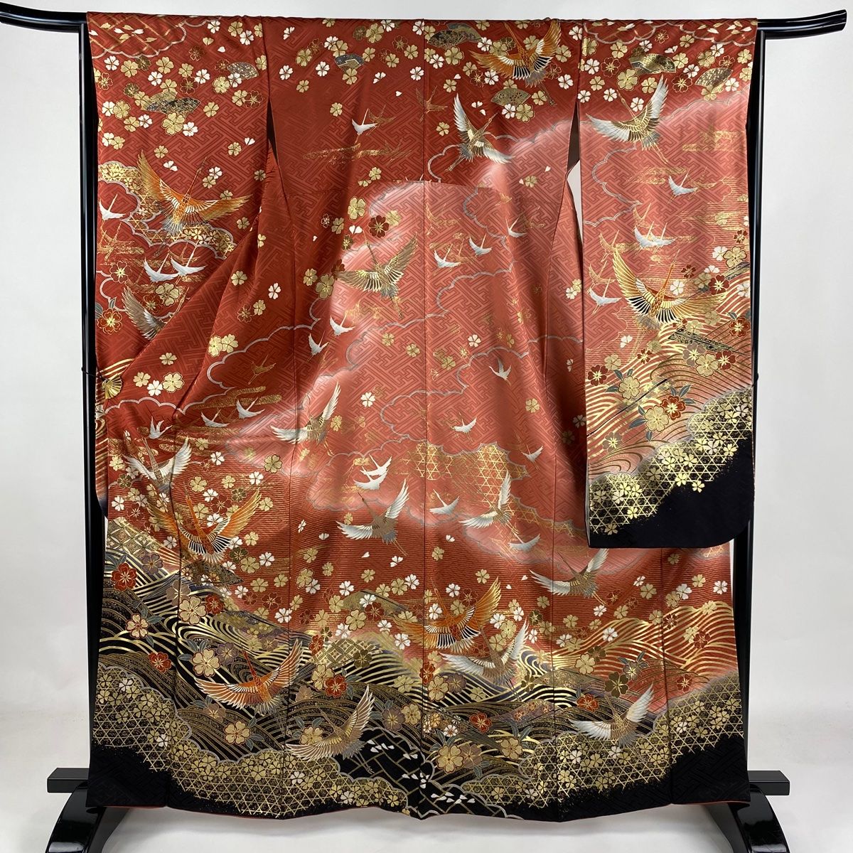 振袖 身丈163cm 裄丈66cm M 袷 鶴 扇 金彩 ぼかし 茜色 正絹 名品