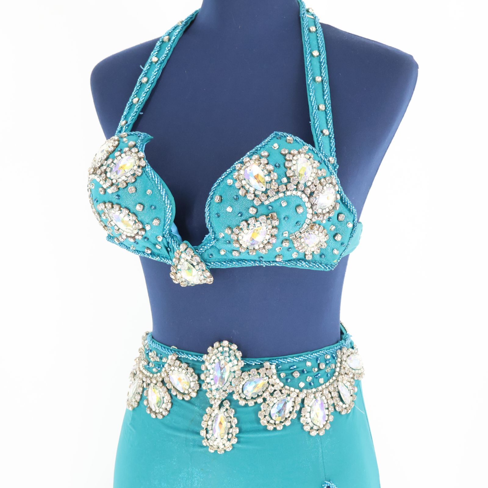 ベリーダンス用 オリエンタル衣装】ブルー ラインストーン×ビーズ 多数