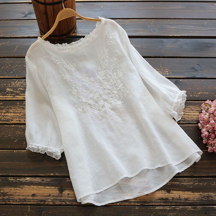 ブラウス トップス シャツブラウス 半袖 レディース チュニック 半袖ｔシャツ 夏 花柄 刺繍 カットソー 体型カバー 綿 コットン フレア ゆったり 可愛い チュニック 花柄 ブラウス レディース 半袖 トップス Vネック