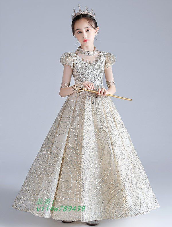 キッズドレス キラキラ ハイネック ファスナータイプ シンプル 袖あり 五分袖 パフ袖 ボリューム袖 パフスリーブ vii4w789439