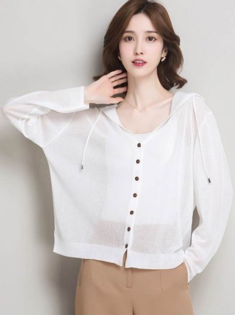 トップス カーディガン ミディアム丈 袖あり 長袖 襟なし フード付き 前開き 透け感 シースルー 綿 薄手 かわいい 大人可愛い シンプル カジュアル おしゃれ アジアン エスニック エキゾチック 無地 春 夏 秋 10代 20代 30代 レディース 女性用 通勤 デート お出かけ 種類11：画像4/M トップス カーディガン ミディアム丈 袖あり 長袖 襟