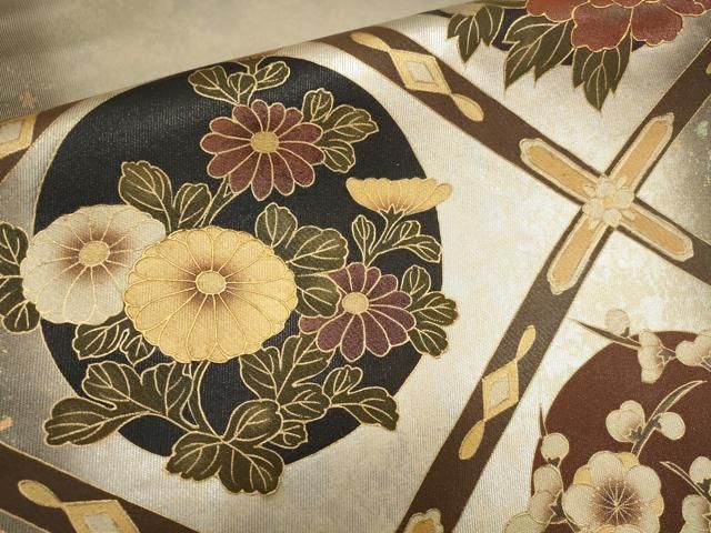 平和屋着物○両面 全通柄袋帯 紬地 草花菱文 梅 金彩