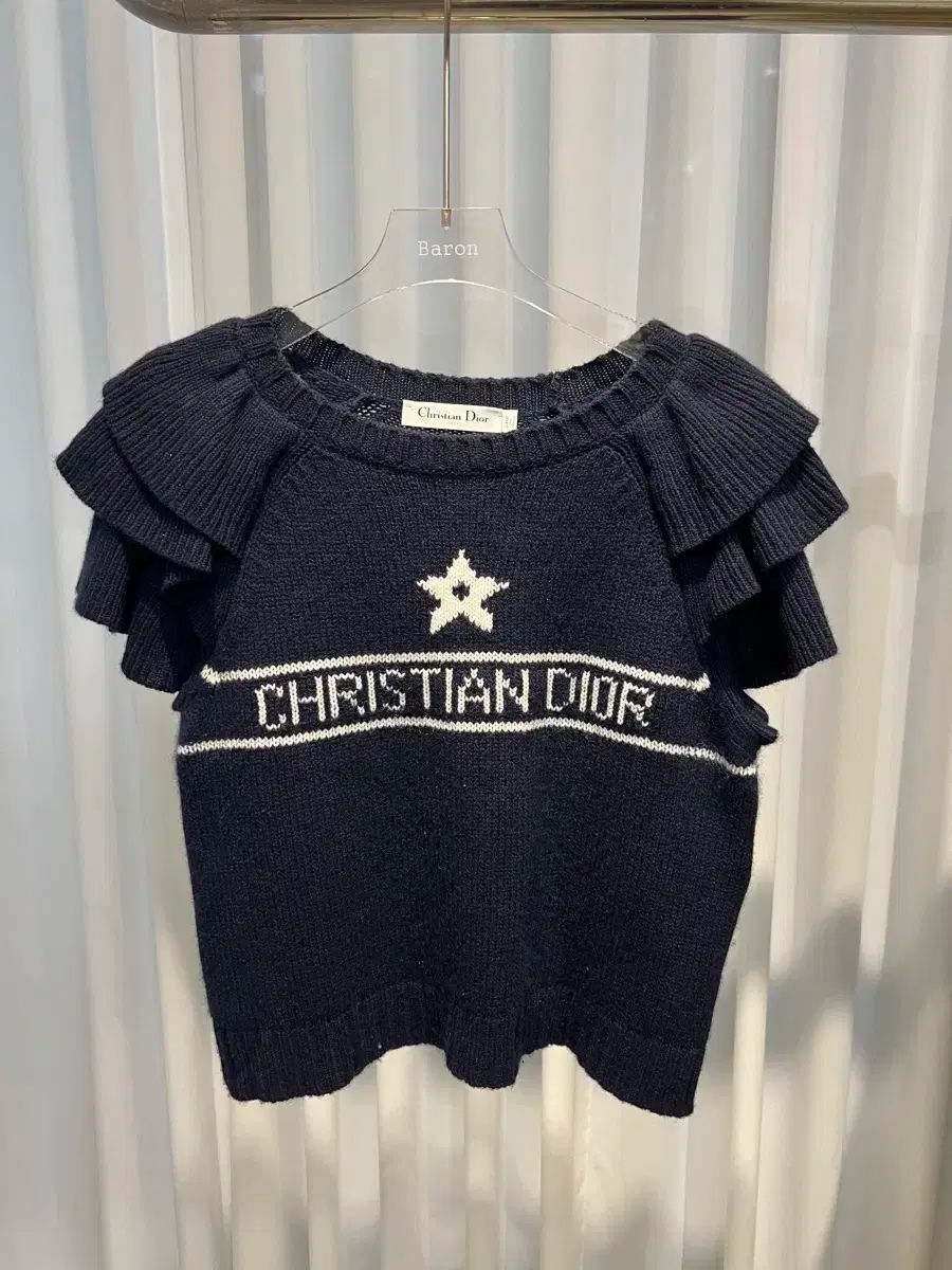 40 ディオール セーター フリル カシミア 半袖 ニット シグネチャー ネイビー レディース