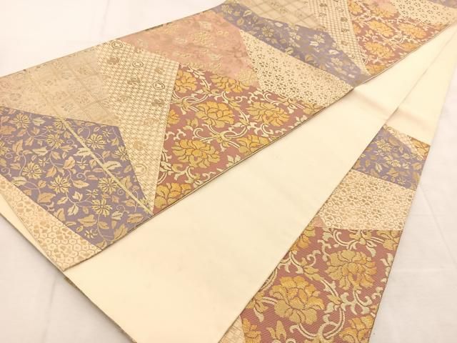 平和屋着物◎六通柄袋帯 切嵌更紗花唐草文 金糸 正絹 逸品