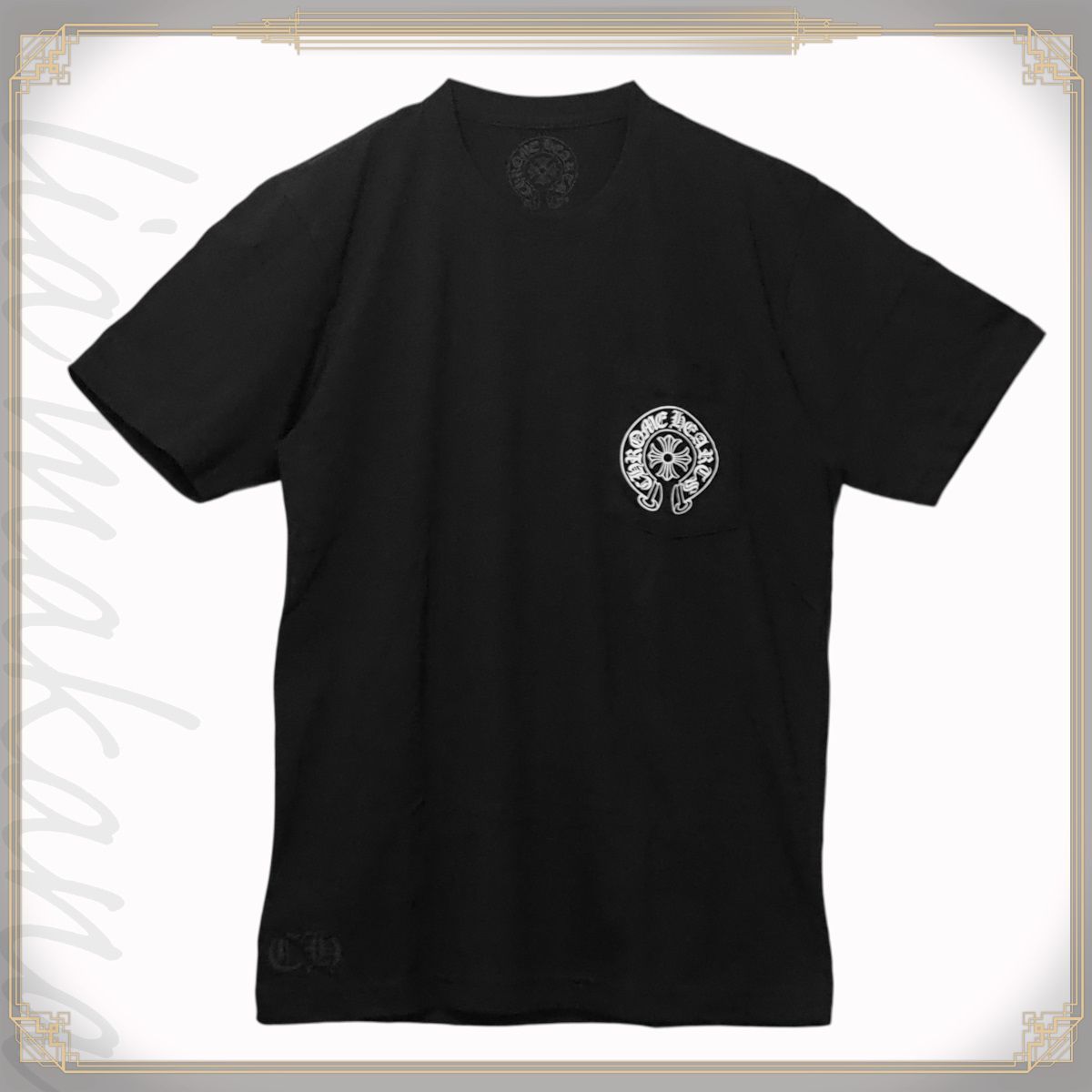 N | CHROME HEARTS クロムハーツ T-SHRT SS PKT CREW ホノルル ホースシュー クロス 半袖 Tシャツ ラウンドネック ブラック 黒 ホワイト コットン ＃Ｍ インボイス付き 海外正規店
