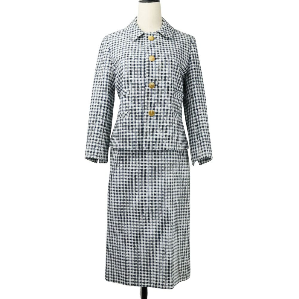 45R 和紙藍ツイード ジャケット スカート セットアップ 2点セット 8034025 サイズ2 ホワイト ライトブルー レディース 古着