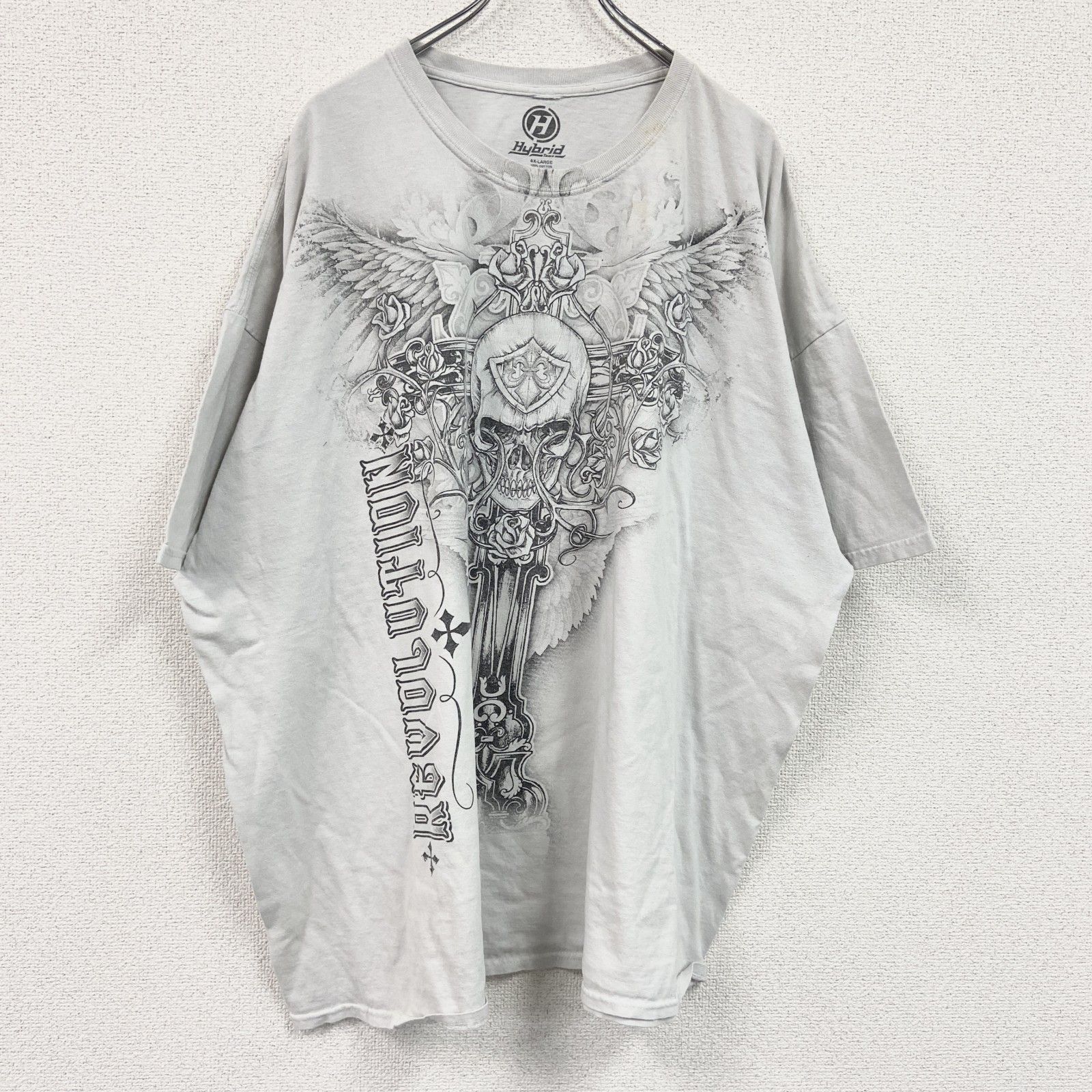 古着 used　Hybrid　スカル　ロザリオ　半袖プリントTシャツ　ライグレー　4XLサイズ
