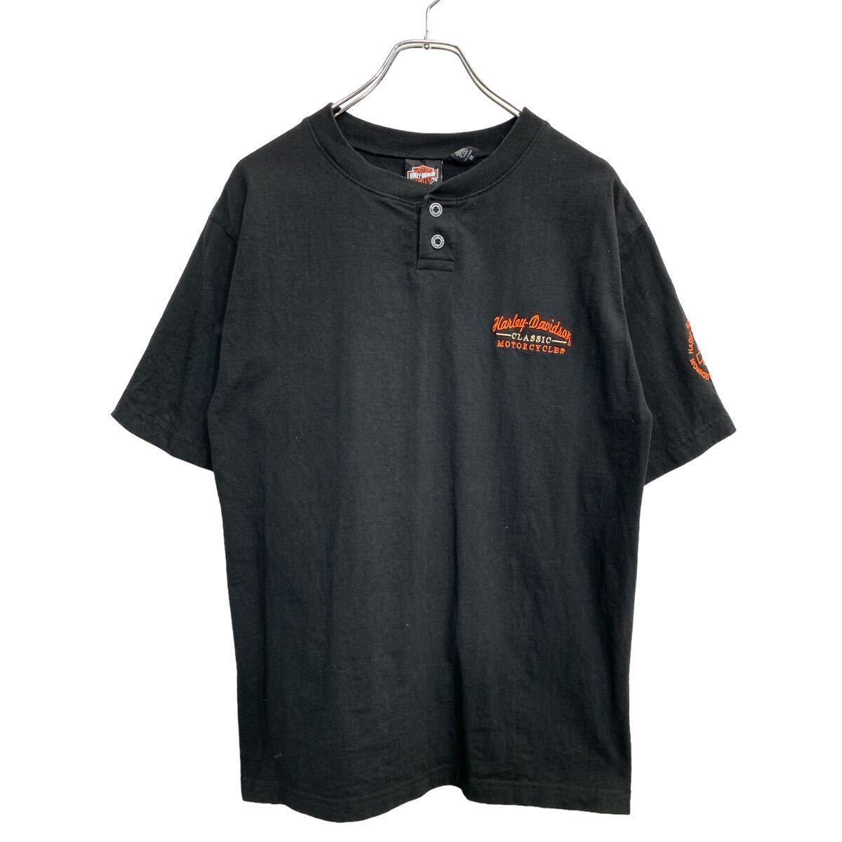 Harley-Davidson 半袖 ロゴ Tシャツ Mサイズ ハーレーダビッドソン 刺繍 ボタン ブラック コットン 古着卸 アメリカ仕入 t2407-4479