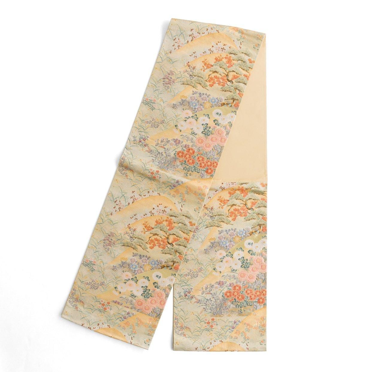 【袋帯】未使用品/四季の花咲く山並み＊桜・楓・梅/白地×銀彩/424cm 袋帯○山並に四季花 - メルカリ