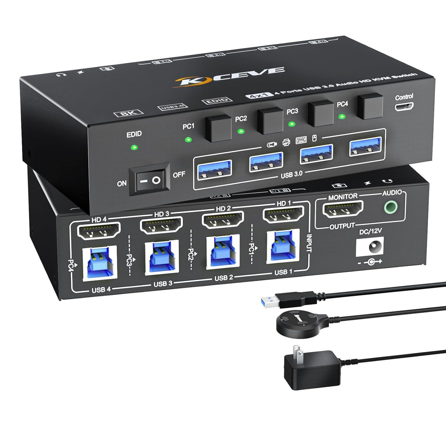 在庫 EDID機能 8K 60Hz|4K 120Hz 4入力1出力 4PC PC切替器 KVM切替器 KVMスイッチ USB3.0 2.1 キーボード マウス モニターを4PCで共有 HDMI 手元スイッチ付き KCEVE