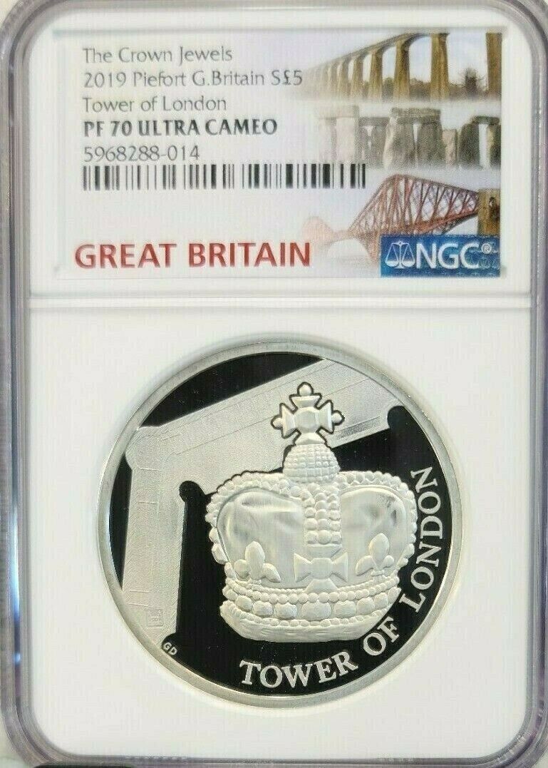 2019 G. BRITAIN SILVER PIET 5 POUNDS TOWER OF LONDON NGC PF 70