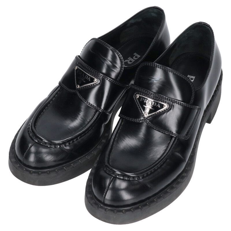 チョコレート トライアングルロゴブラッシュドレザーローファーシューズ