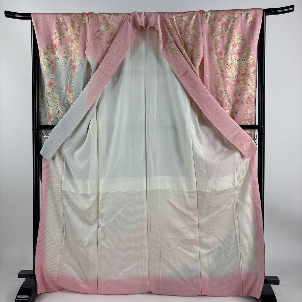 D370 振袖　叩き染め　蝶　枝垂れ桜　金彩　正絹　着物　袷　極美品 sb14386_1.jpg