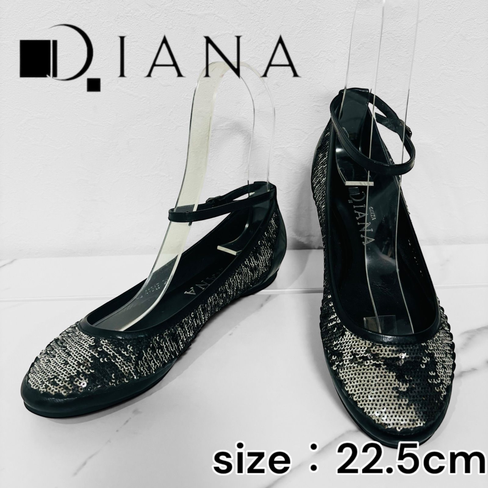 DIANA GINZA ダイアナ パンプス ローヒール 22.5㎝ ラメ スパンコール エナメル ブラック ストラップ フラット ラウンドトゥ -  メルカリ