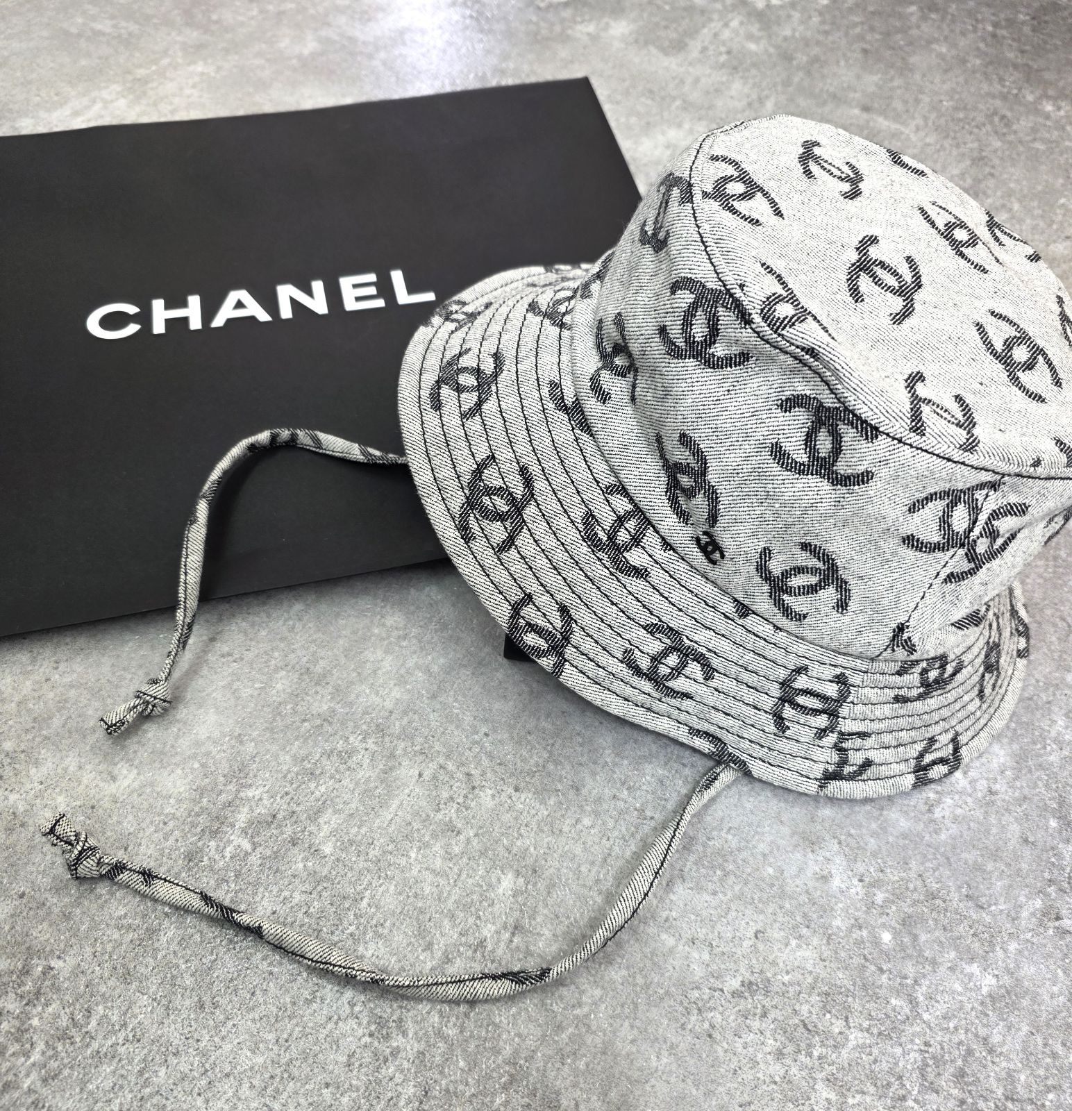 CHANEL シャネル 22SS ココマーク CCマーク 総柄 コットン バケットハット 帽子 Mサイズ グレー×ブラック PAWNSHOPRiZ パウンショップリズ